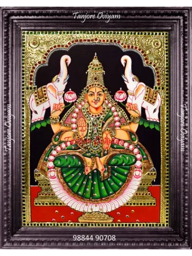 Gajalakshmi Lotus Tanjore painting seated lotus white elephants green saree gold foil artwork